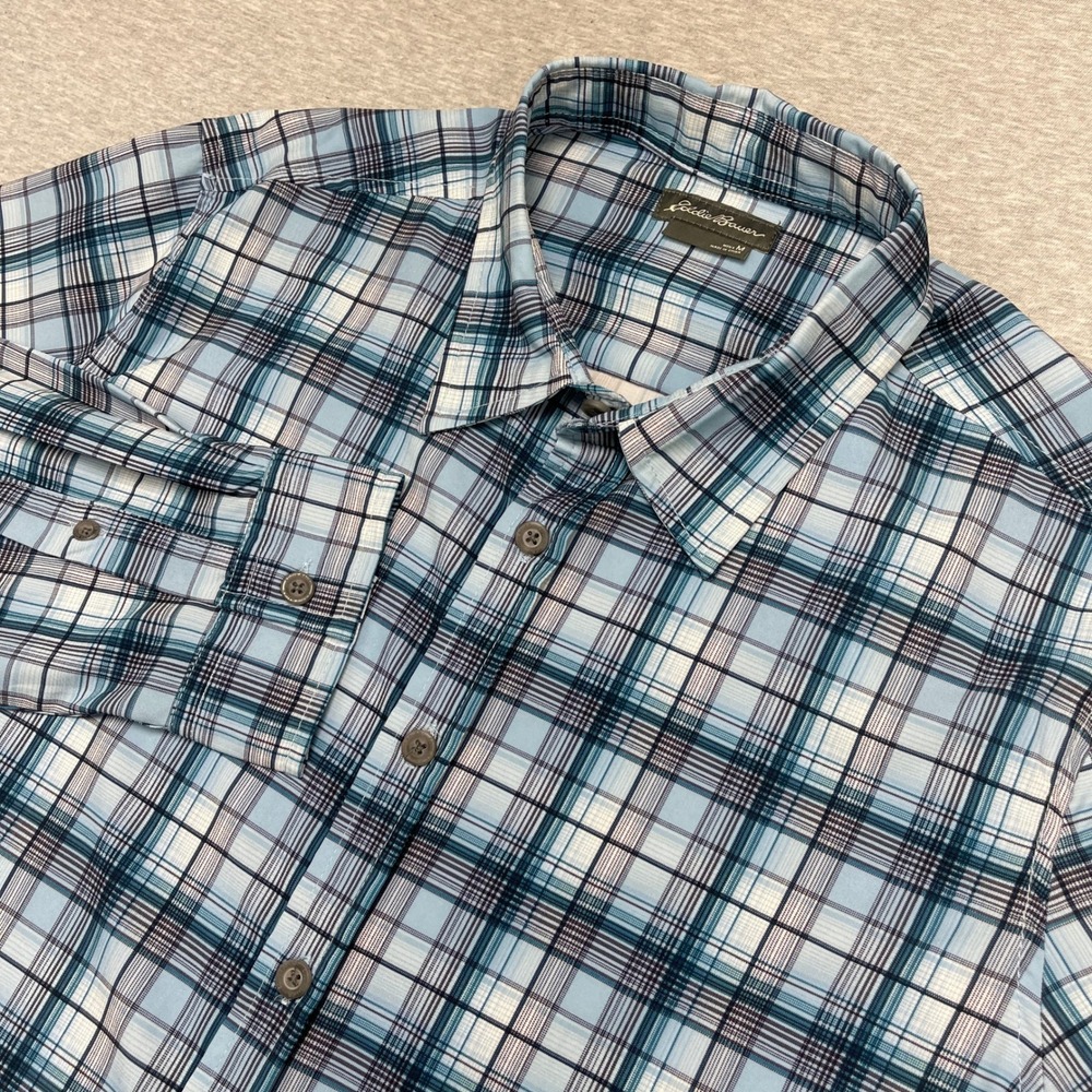 Eddie Bauer Mens Medium Blue Plaid Long Sleeve Stretch Outdoor Hiking Shirt EUC